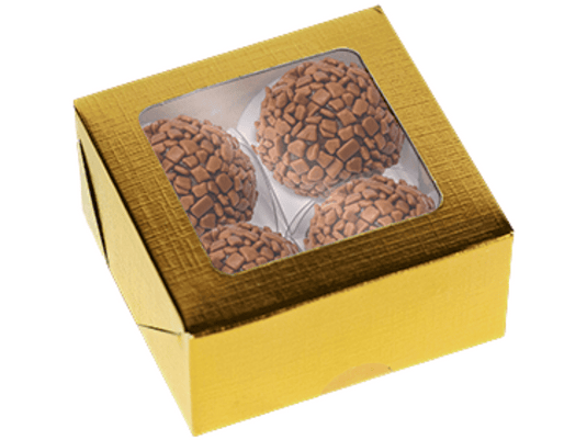 CAIXA DOURADA COM VISOR (04 DOCES) 5 UNI